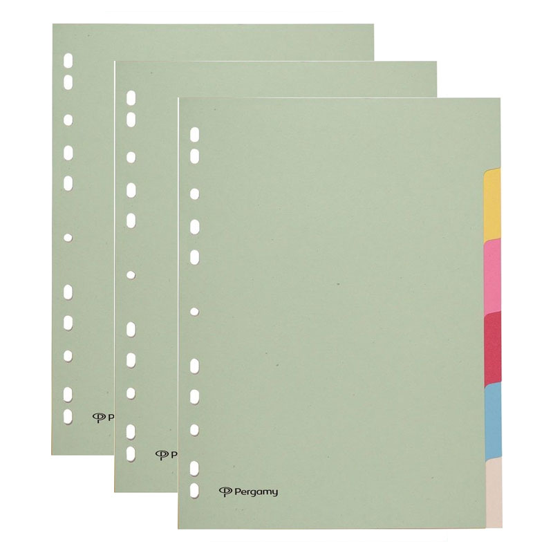 Pergamy gekleurde kartonnen A4 tabbladen met 6 tabs (11-gaats) (3 stuks)