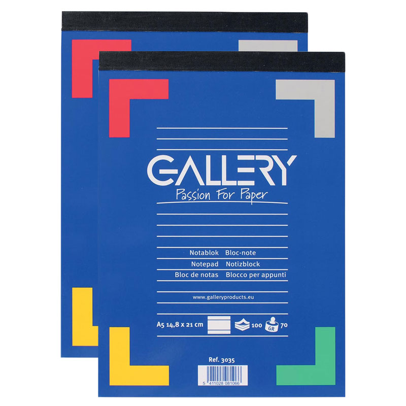 Gallery schrijfblok, A5, gelinieerd, 70 gr/m² (2x100 vellen)