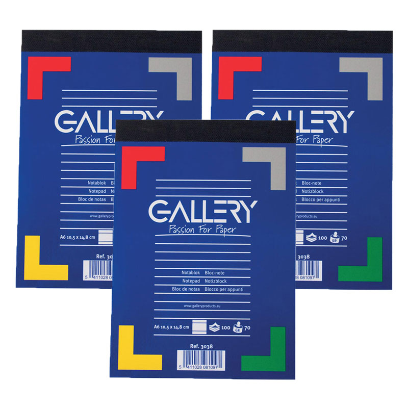 Gallery schrijfblok, A6, gelinieerd, 70 gr/m² (3x100 vellen)